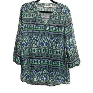 Liz Claiborne Blue Green Abstract Paisley Boho Tunic Blouse, 3/4 Sleeves, Large